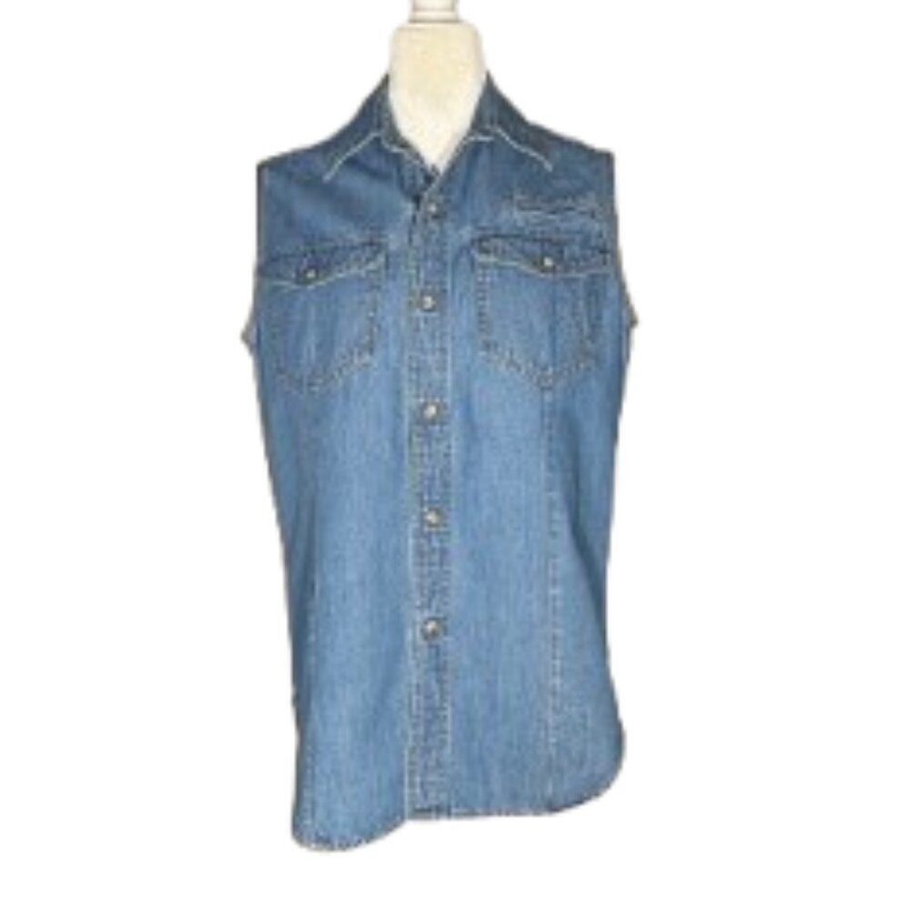 ESPRIT Vintage 90s Denim Sleeveless Pearl Snap Front Midweight Cotton Shirt Med